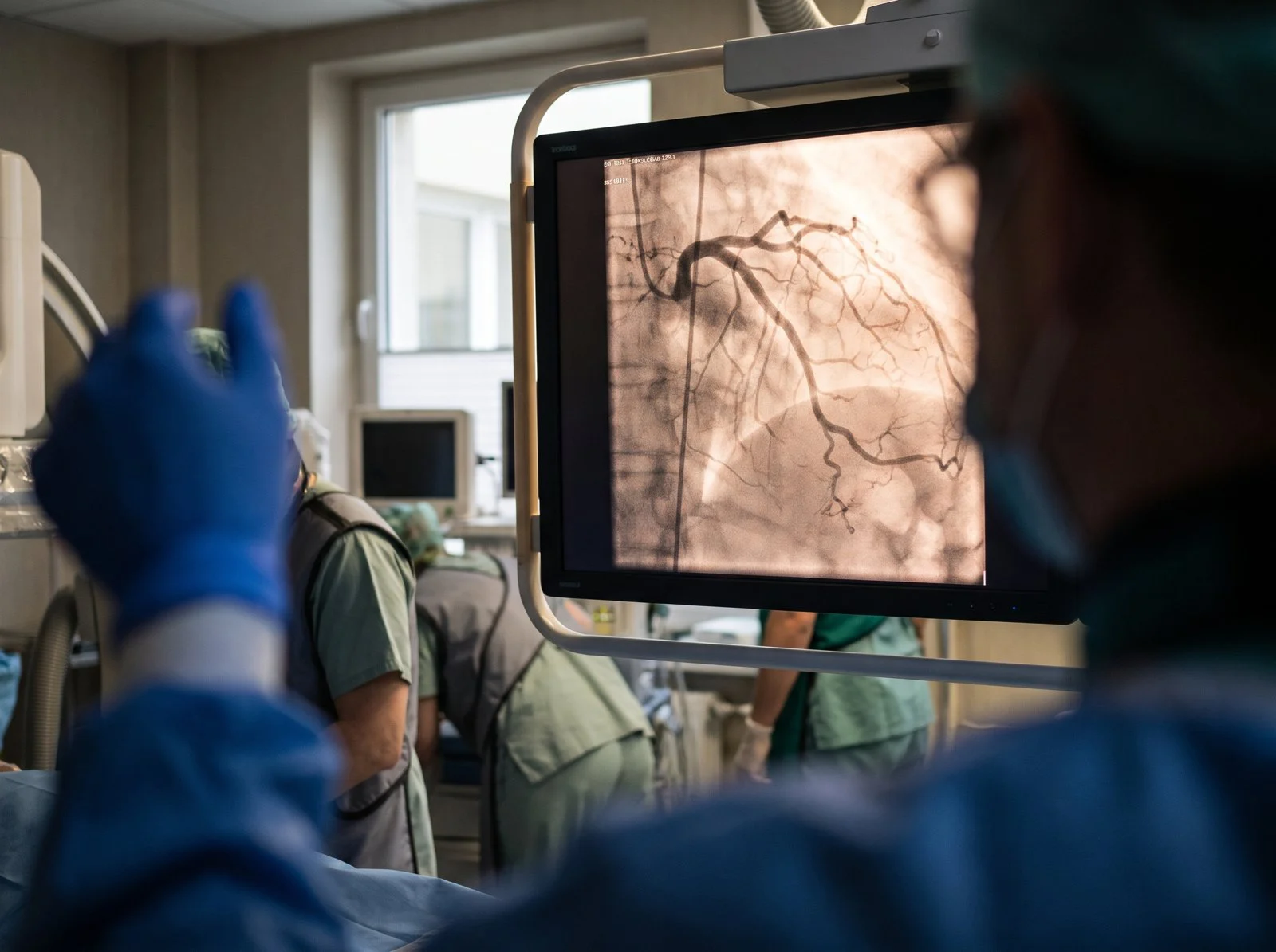 Cardiologist in blue gloves reviewing a coronary angiogram on a screen