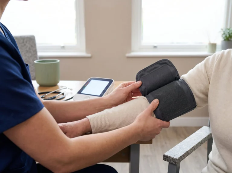 Clinician measuring a patient’s blood pressure with an arm cuff