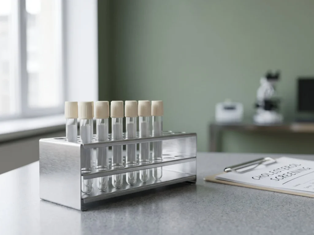 Blood sample tubes in a metal rack on a laboratory bench