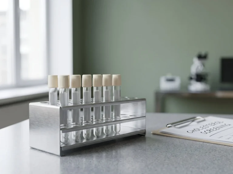 Blood sample tubes in a metal rack on a laboratory bench