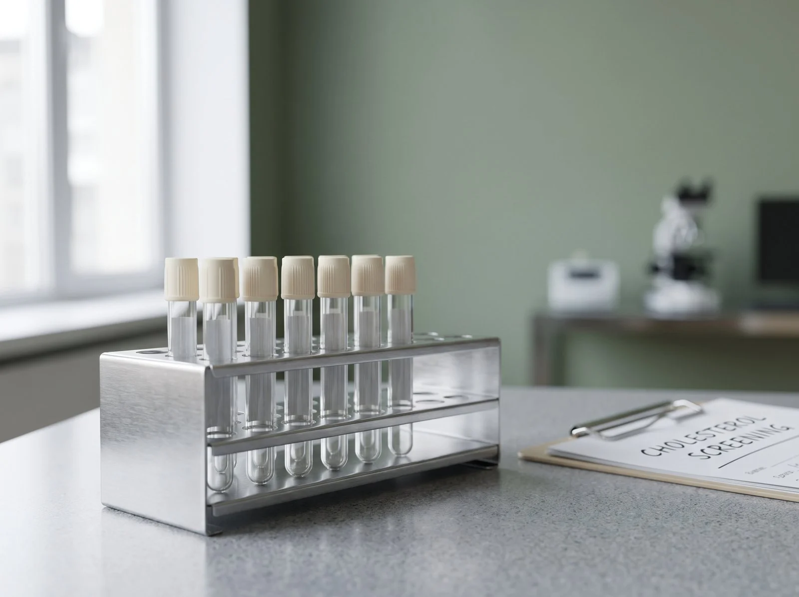 Blood sample tubes in a metal rack on a laboratory bench