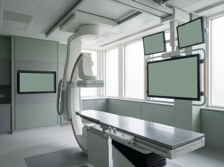 Modern cardiac catheter laboratory with an X-ray arm, patient table and overhead monitors