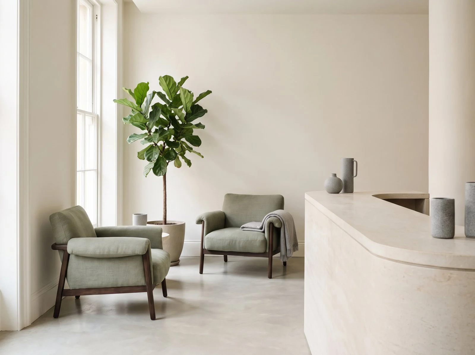 Bright clinic reception area with armchairs and a tall indoor plant