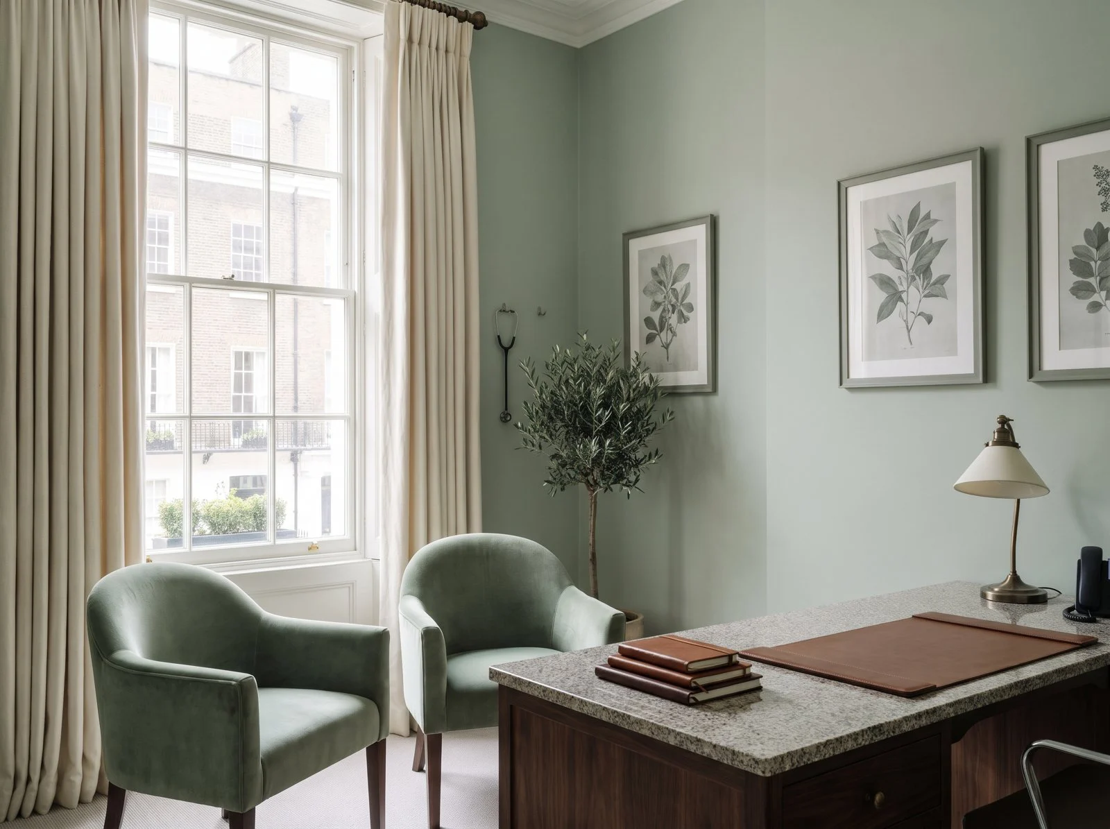 Calm consulting room with two green armchairs, a desk and a tall sash window