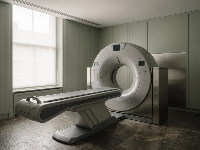 Cardiac CT scanner in a green-walled imaging room