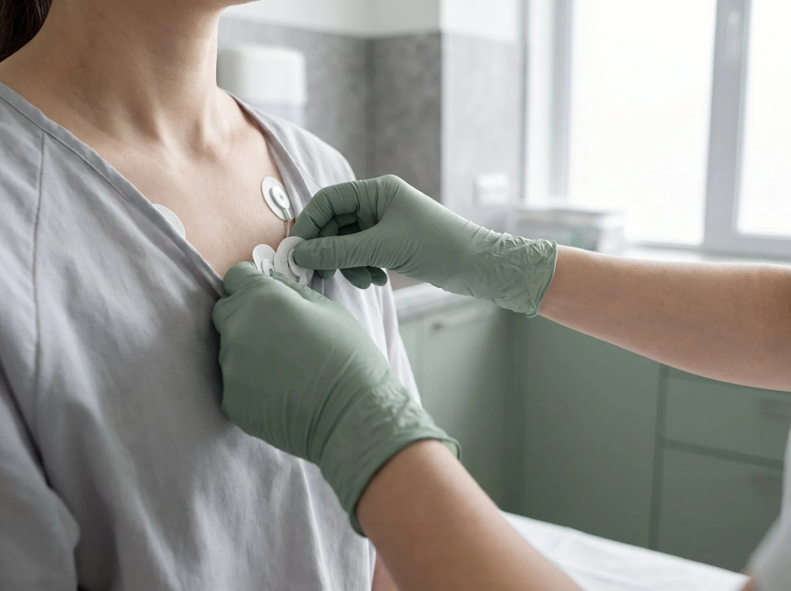 Gloved clinician placing ECG electrodes on a patient’s chest
