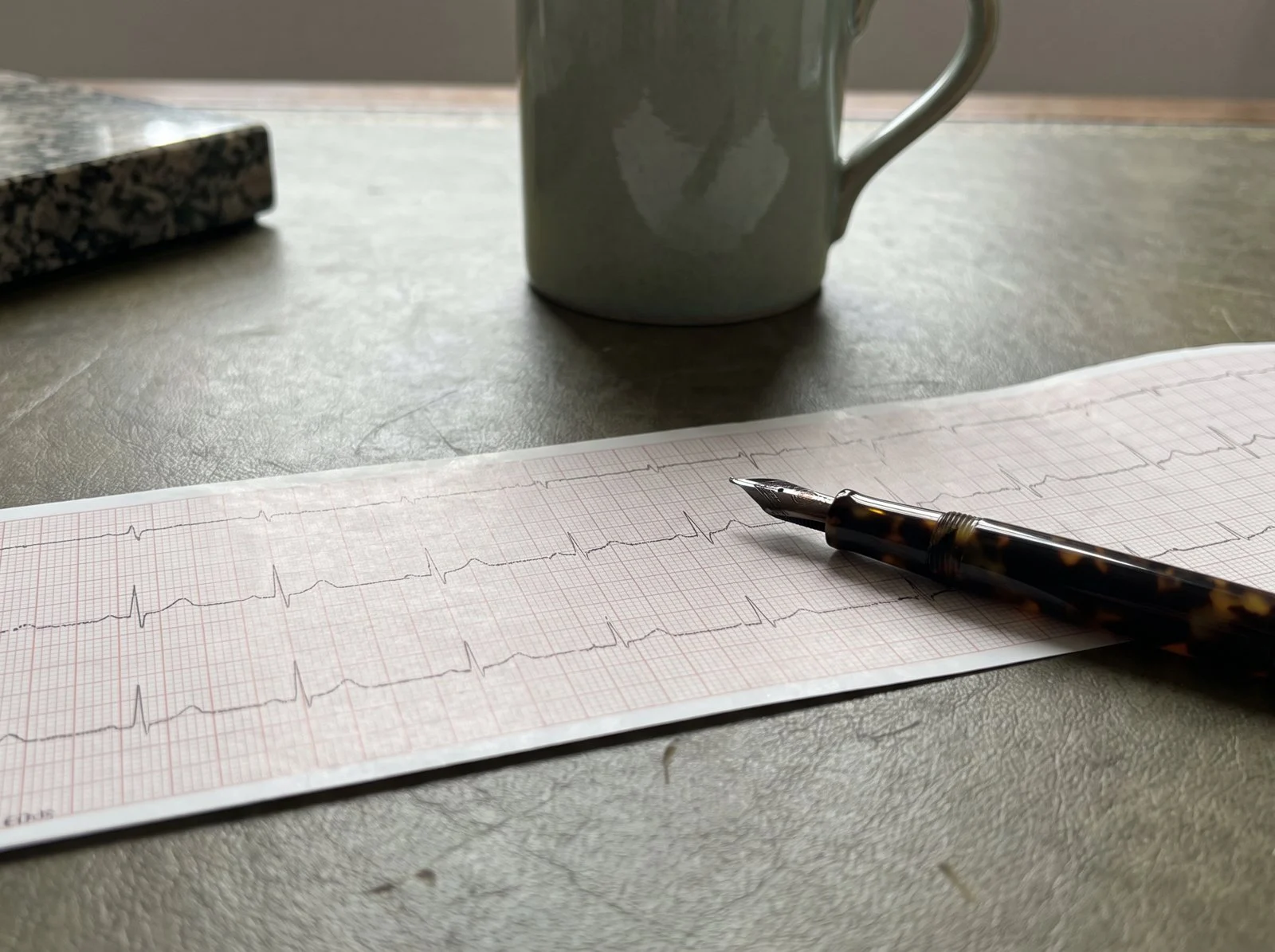 Paper ECG trace and a fountain pen on a stone desk