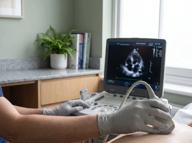 Echocardiogram being performed, with the heart shown on the ultrasound screen