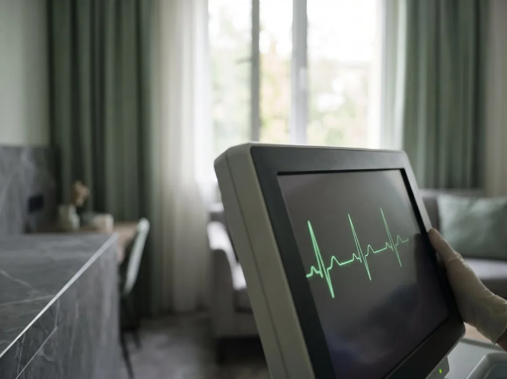 Heart monitor showing a green ECG trace in a quiet clinic room