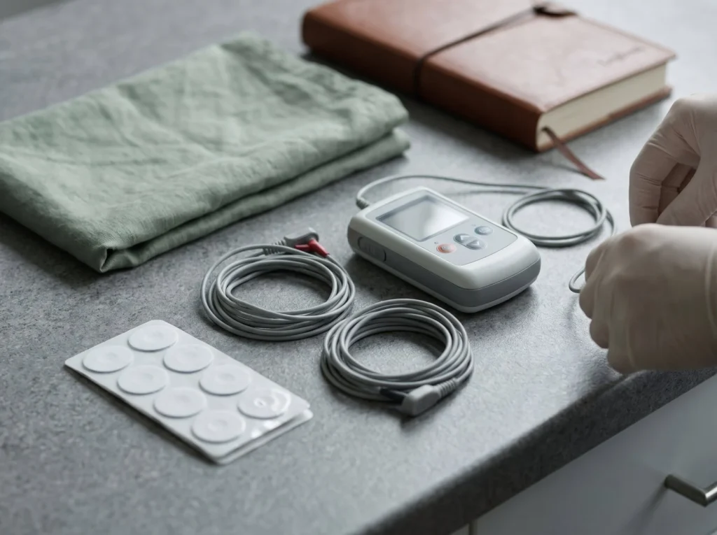 Holter heart monitor with leads and electrode pads laid out on a table