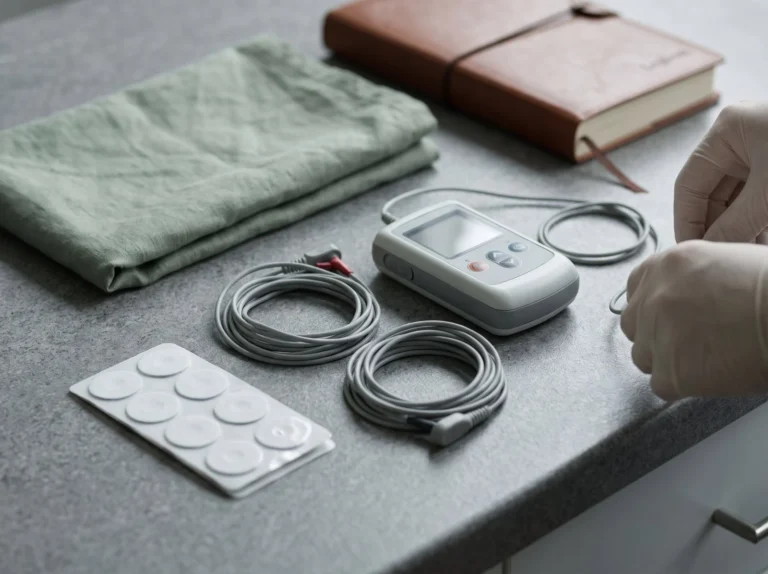 Holter heart monitor with leads and electrode pads laid out on a table