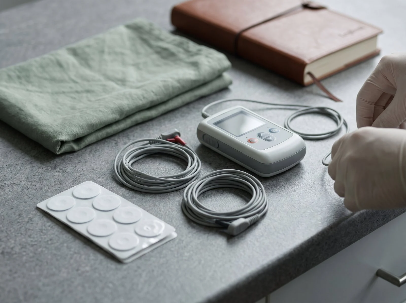 Holter heart monitor with leads and electrode pads laid out on a table
