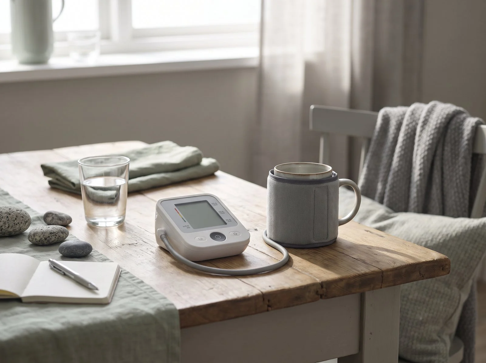 Blood pressure monitor and notebook on a table beside a window