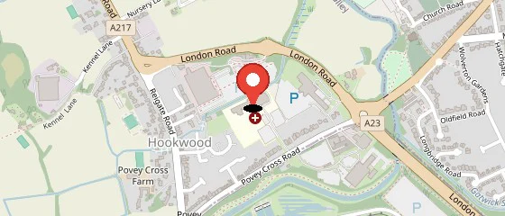 Map of Horley with a pin on Spire Gatwick Park Hospital