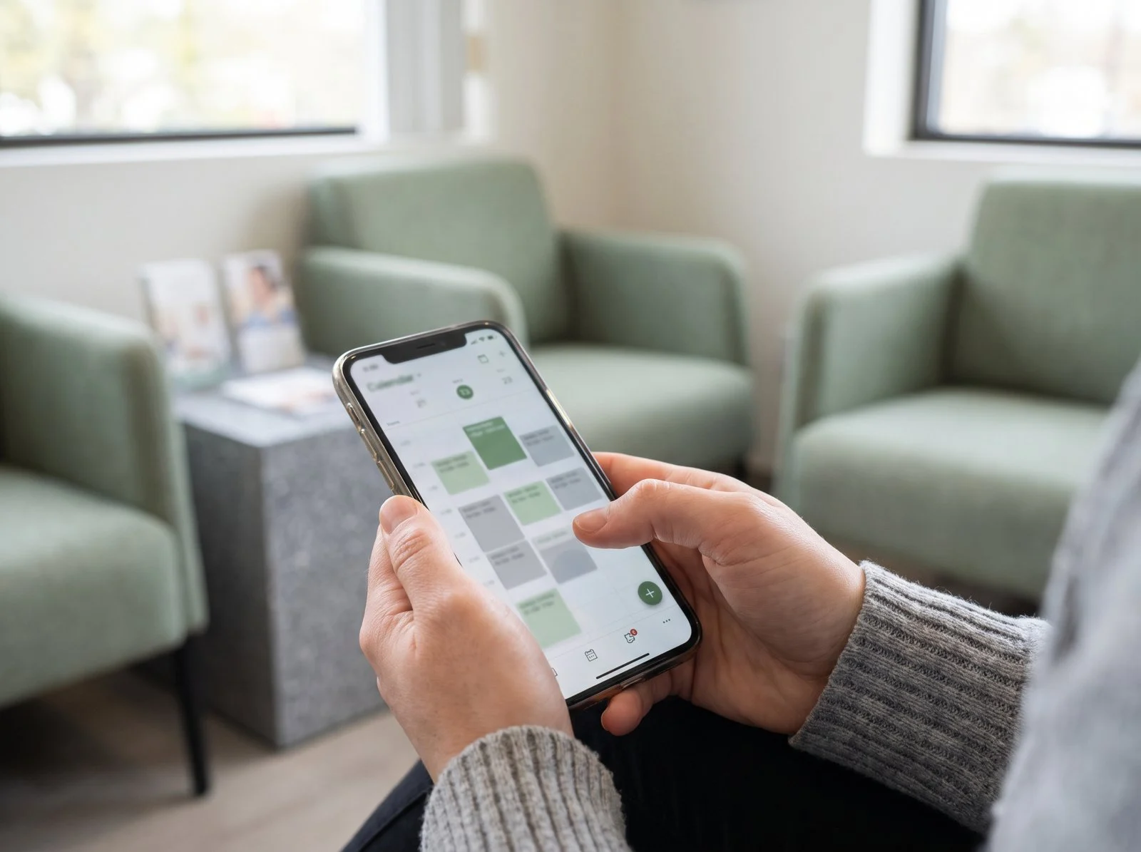 Person holding a smartphone in a waiting area with green armchairs