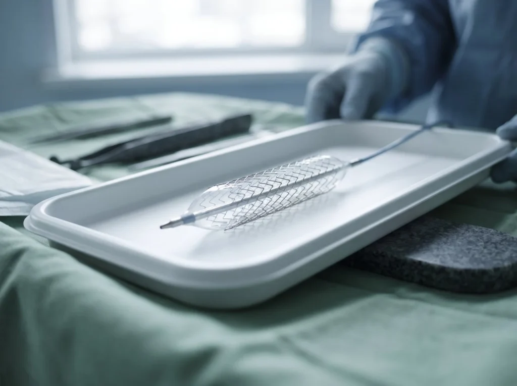 Gloved hands holding a sterile tray with a coronary stent