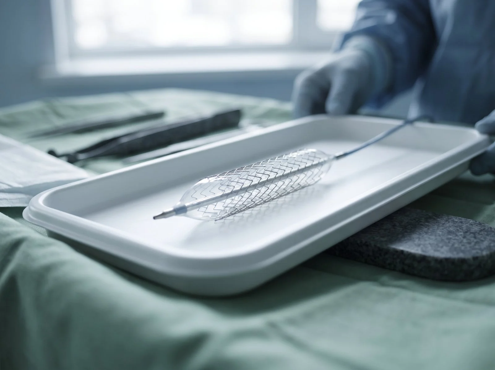 Gloved hands holding a sterile tray with a coronary stent