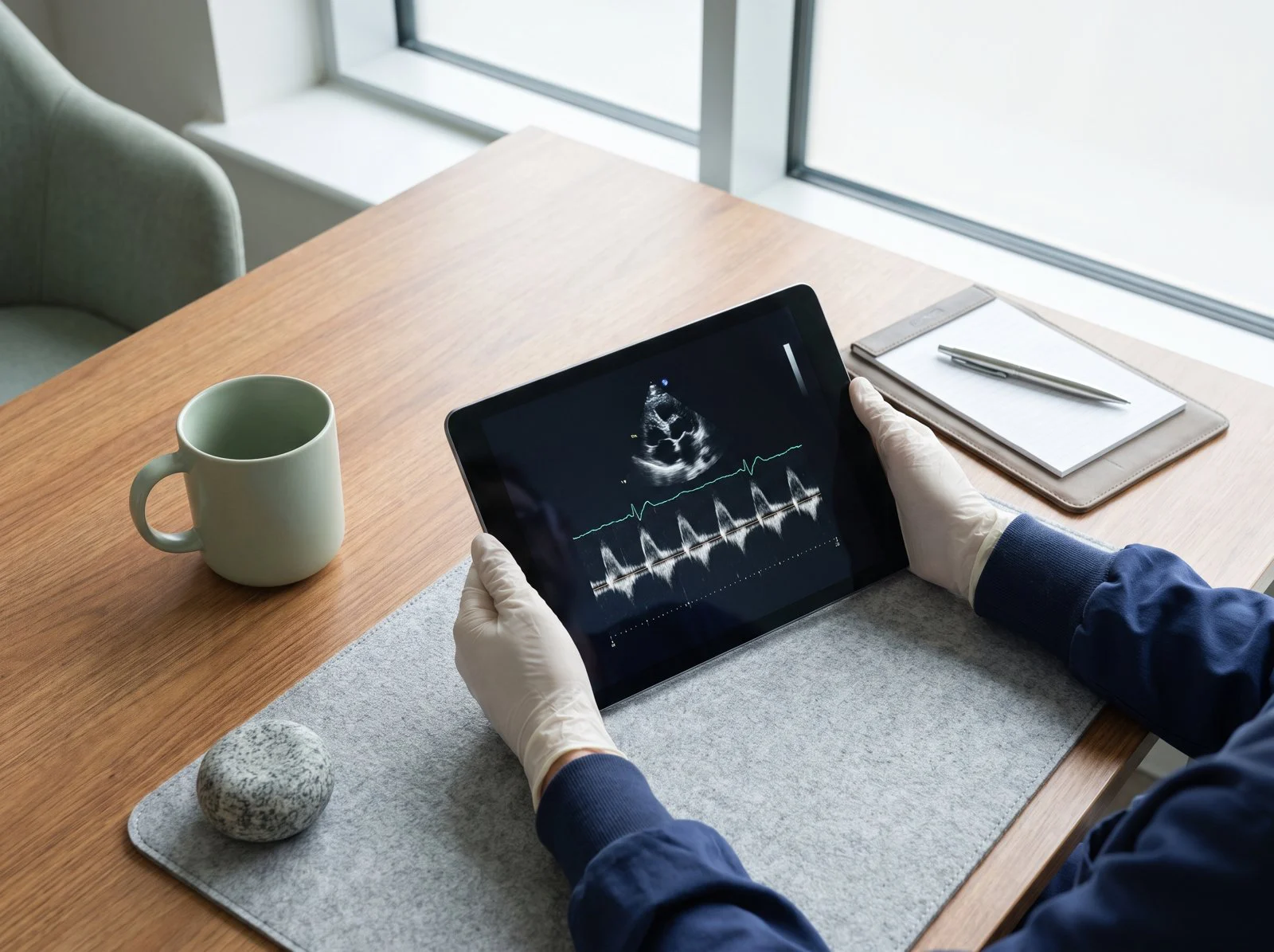 Clinician holding a tablet showing heart scan images at a wooden desk